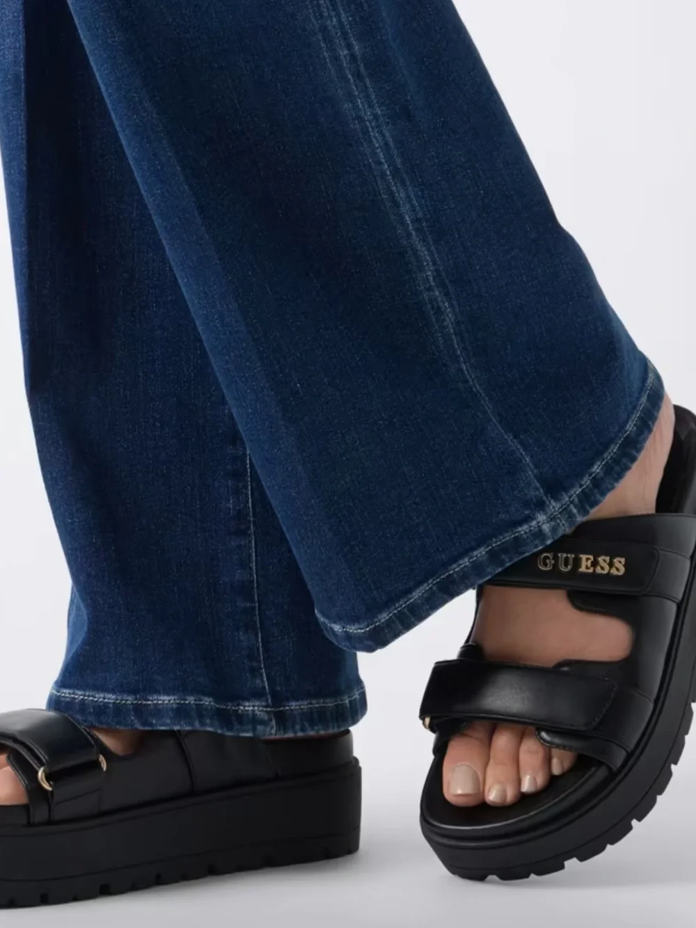 Guess Black Platform Slide Sandals with Gold Logo